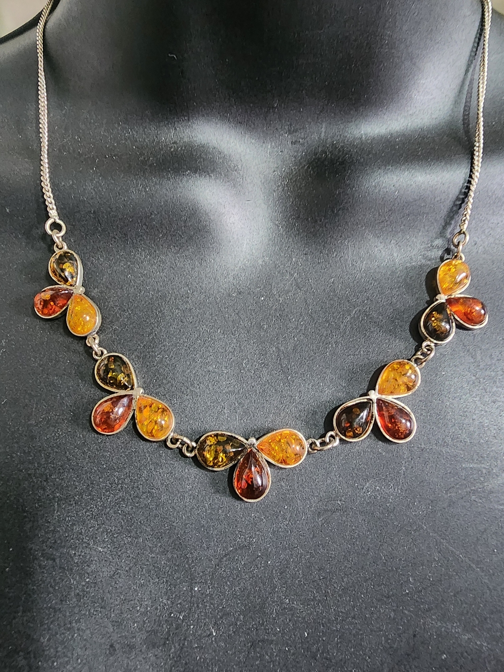 Vintage 925 Sterling Silver Baltic Amber Teardrop Butterfly Necklace Multicolor